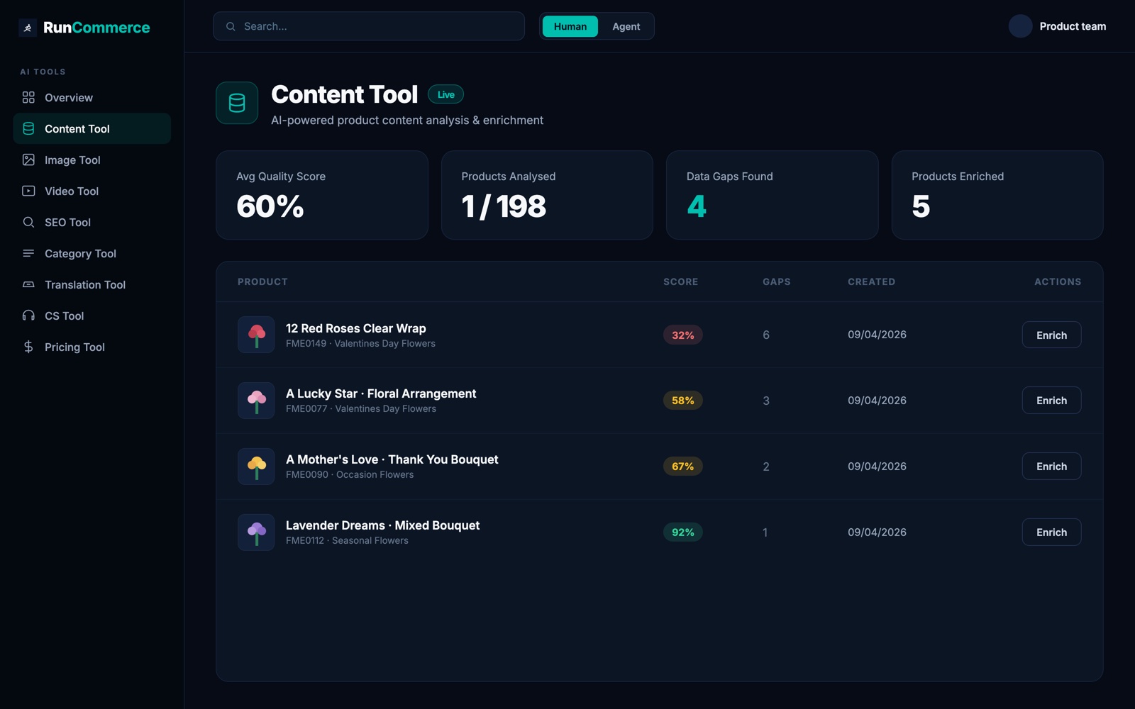 RunCommerce AI automation workspace with catalogue tools and review controls