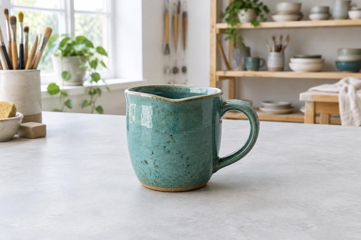 AI-generated illustration of a teal ceramic mug in a craft studio